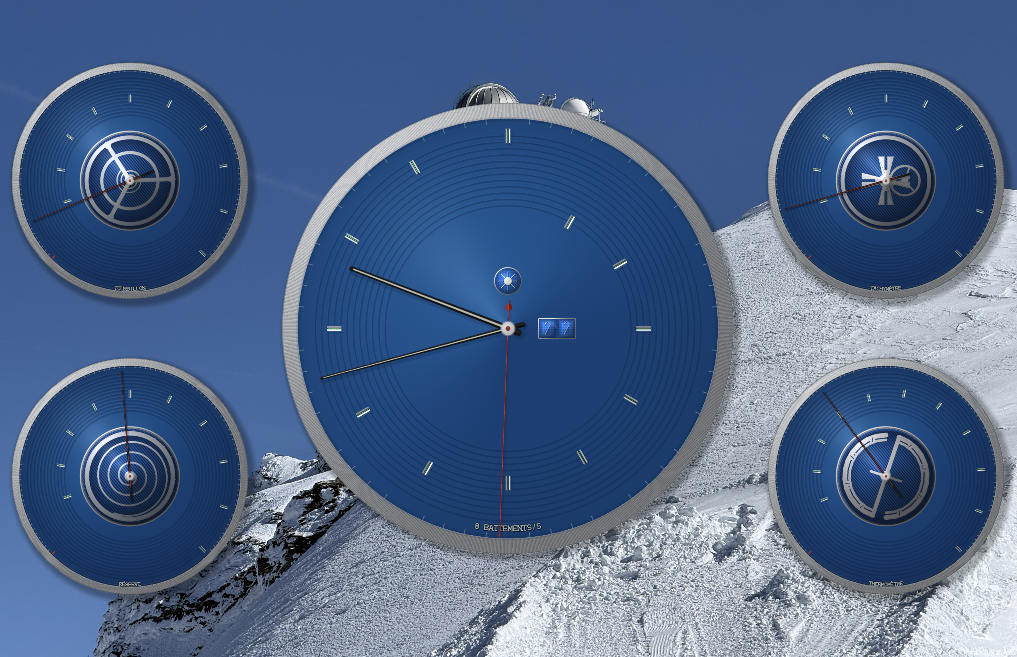 ChronoMetrics on a macOS desktop showing a Classic Blue Swiss-style clock with four system metric dials