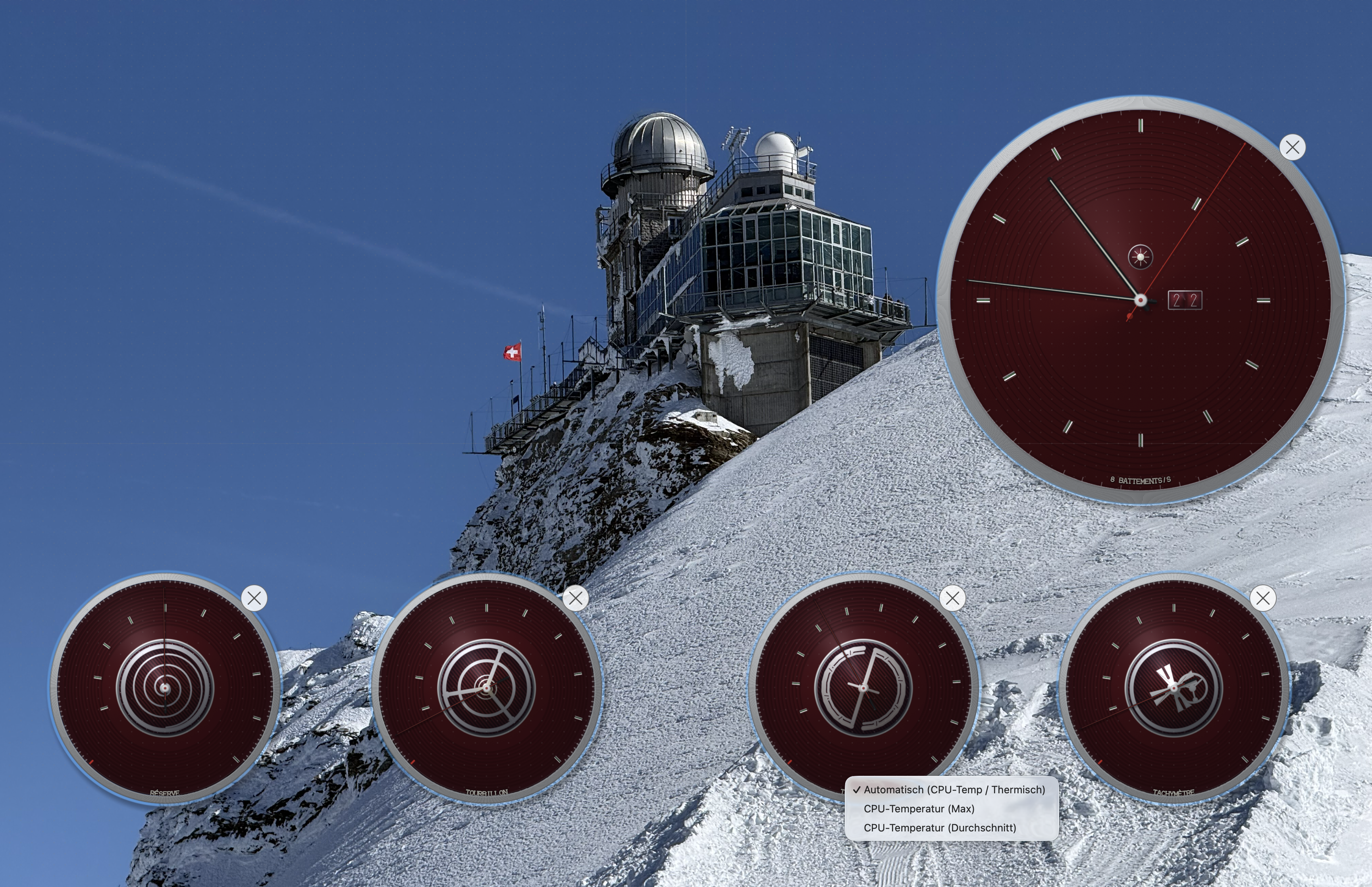 ChronoMetrics in edit mode showing a context menu to configure the temperature gauge